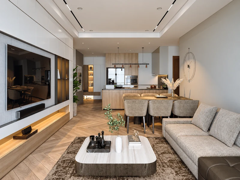 Phòng khách chung cư bố trí liền kề bếp và bàn ăn, tạo không gian sinh hoạt khoa học.
