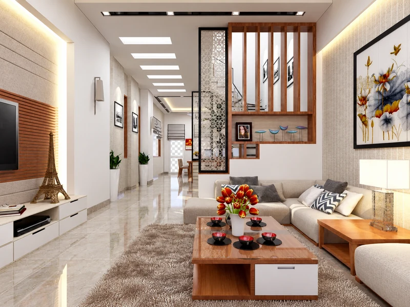 Phòng khách chung cư có vách ngăn gỗ phân chia không gian