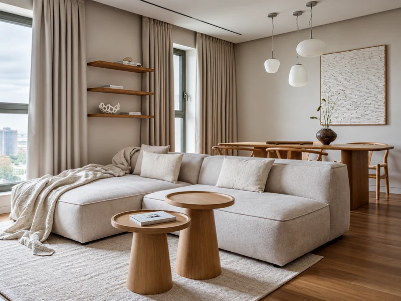 Phòng khách chung cư gam màu trung tính với sofa be, bàn gỗ, kệ treo tường và khu vực bàn ăn.