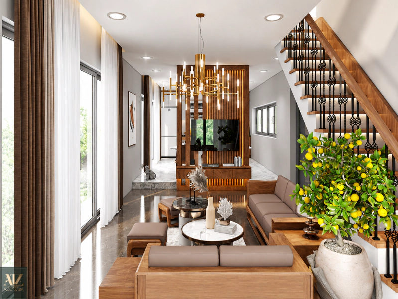Phòng khách chung cư hiện đại với cầu thang gỗ và sofa da nâu