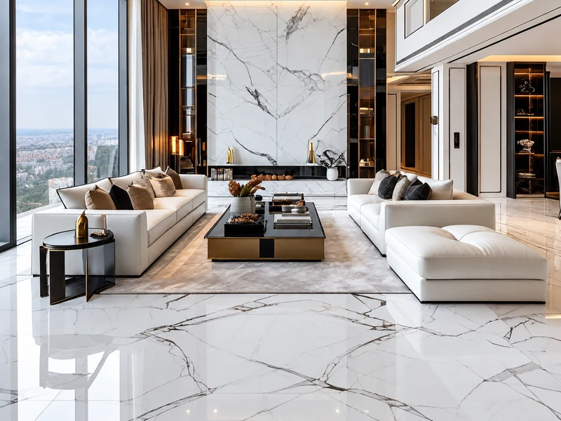 Phòng khách chung cư hiện đại với hai sofa trắng, bàn trà đen, sàn marble và cửa kính nhìn ra thành phố