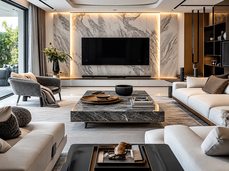 Phòng khách chung cư hiện đại với tường đá marble, tivi treo và sofa xám.