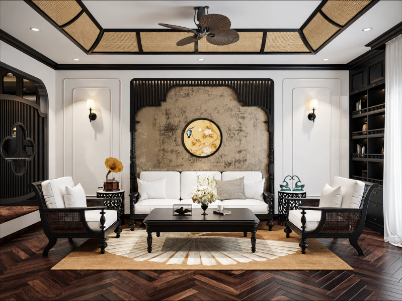 Phòng khách Indochine phối sofa trắng cùng hệ gỗ đen