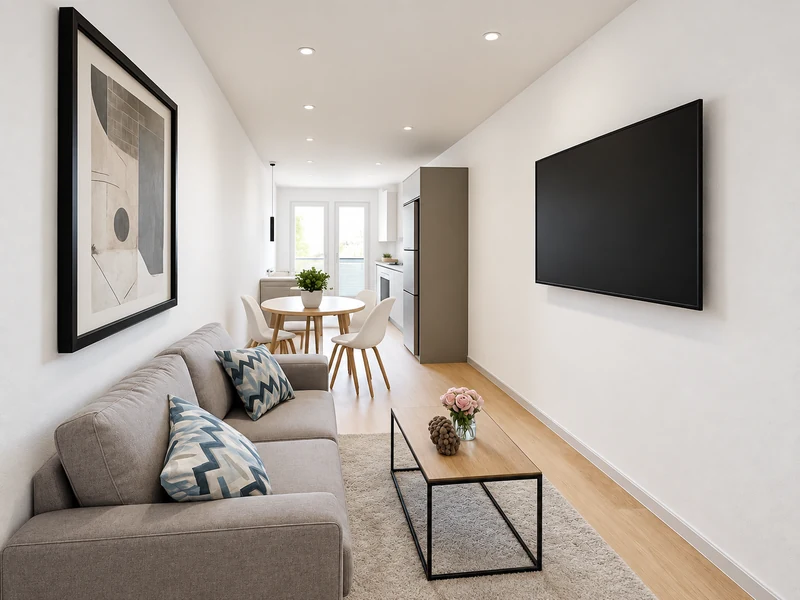 Phòng khách chung cư nhỏ bố trí theo chiều dọc với sofa sát tường, tivi treo đối diện và lối đi thông thoáng