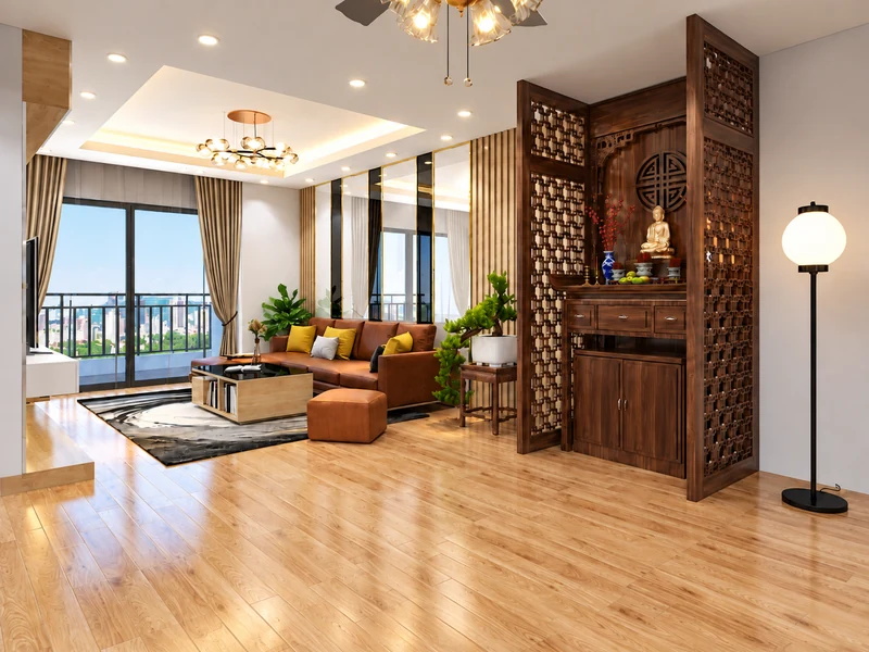Phòng khách chung cư phong cách Á Đông với bàn thờ gỗ trang nghiêm