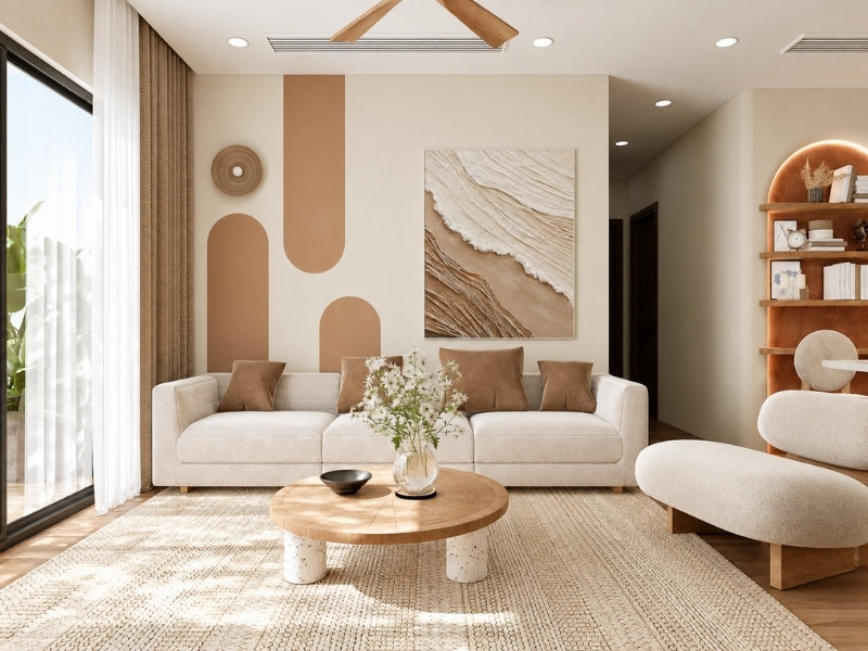 Phòng khách Bắc Âu với sofa be, bàn trà gỗ và cửa kính lớn