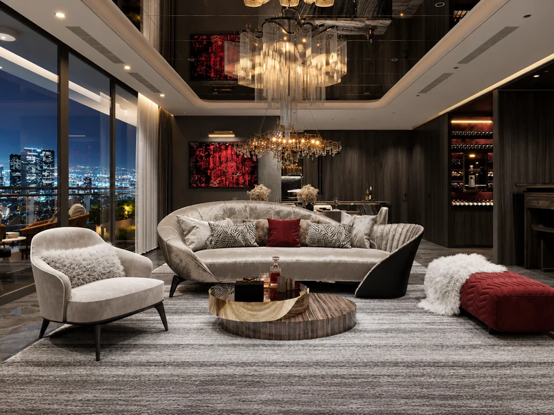 Phòng khách chung cư phong cách Luxury với sofa cong, đèn chùm pha lê và cửa kính nhìn ra thành phố