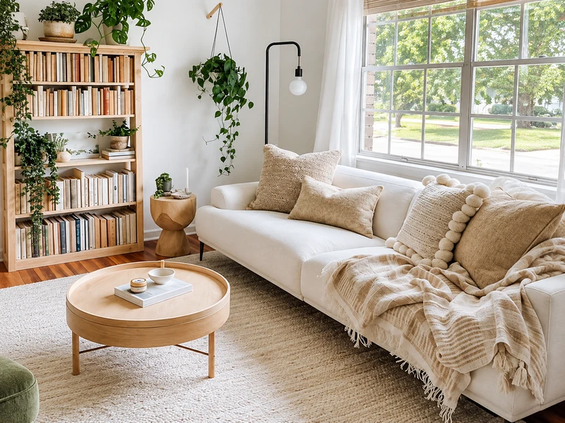 Phòng khách chung cư sáng sủa với sofa trắng kệ sách gỗ lớn cây xanh và thảm trải sàn màu trung tính
