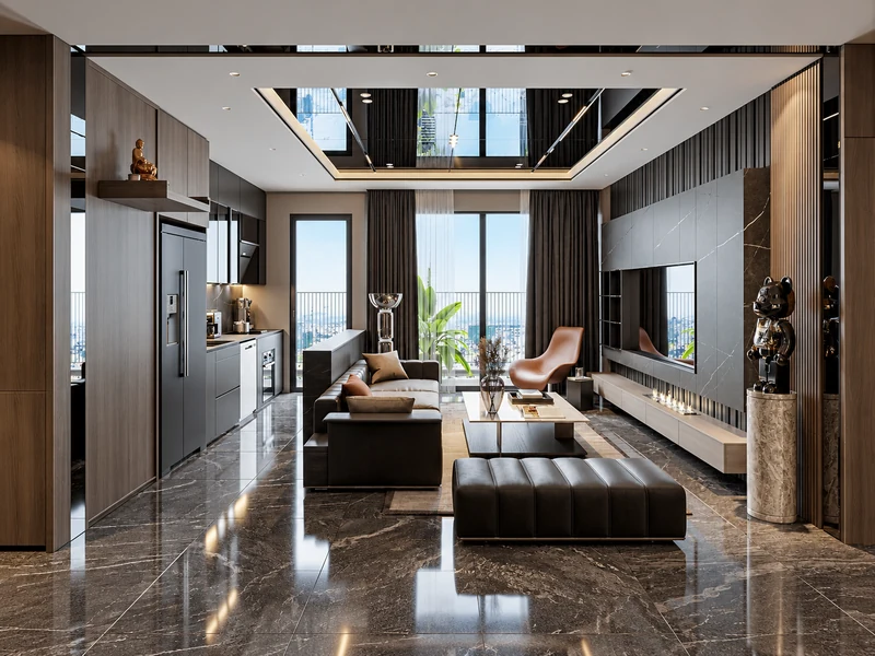 Phòng khách chung cư sang trọng với sofa da nâu, sàn marble bóng và tường ốp gỗ.
