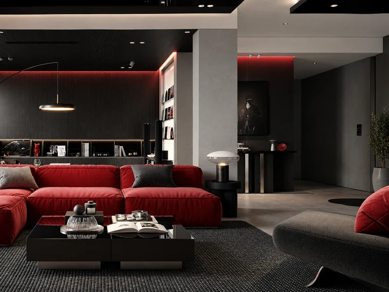 Phòng khách chung cư sang trọng với sofa đỏ, bàn trà đen và gam màu tối.