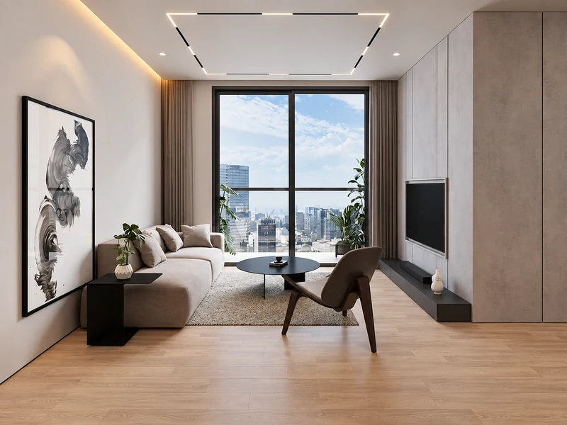 Phòng khách chung cư tối giản với cửa sổ kính lớn, sofa be, tranh treo tường và tivi