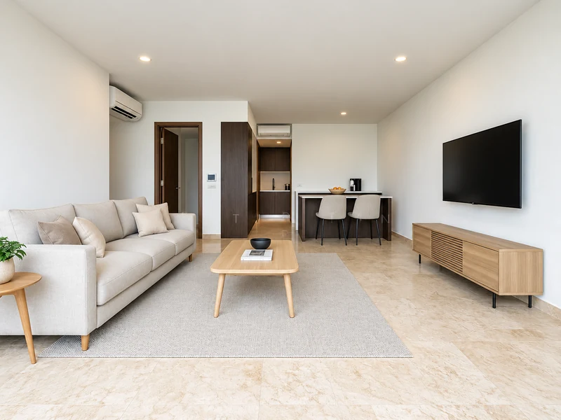 Phòng khách chung cư tối giản với sofa be, bàn trà gỗ và tivi treo tường.