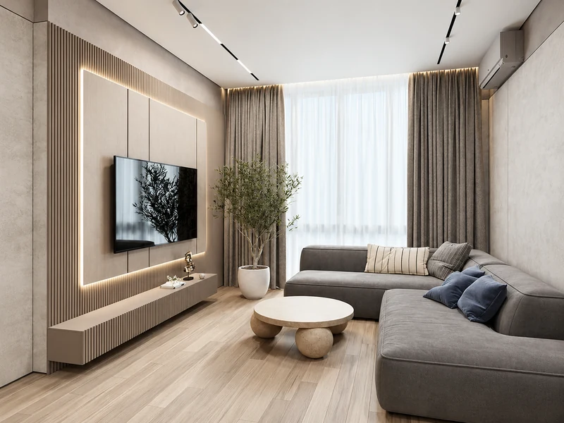 Phòng khách chung cư tối giản với tường gỗ, tivi treo và sofa xám.