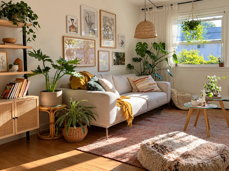 Phòng khách chung cư trang trí bằng nhiều cây xanh sofa be và tranh treo tường