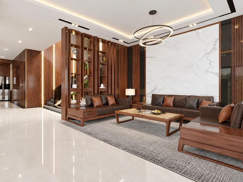 Phòng khách chung cư với vách ngăn lam gỗ hiện đại