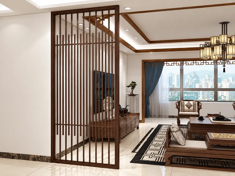 Phòng khách chung cư với vách ngăn lam gỗ tạo sự riêng tư