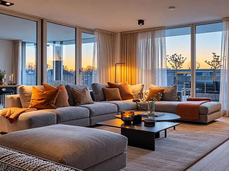 Phòng khách có cửa kính lớn, sofa xám và đèn vàng ấm.