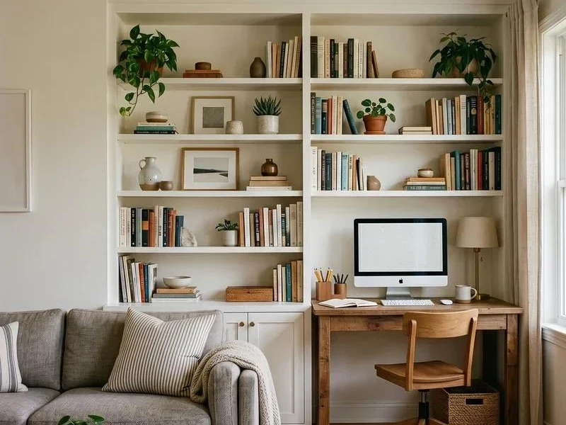Phòng khách có góc làm việc với kệ sách trắng và sofa xám.