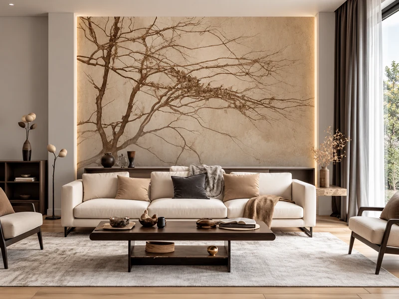 Phòng khách có tường thiết kế hình cây sau sofa