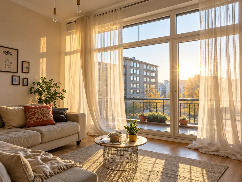 Phòng khách đón nắng với cửa kính lớn, rèm voan và sofa be.