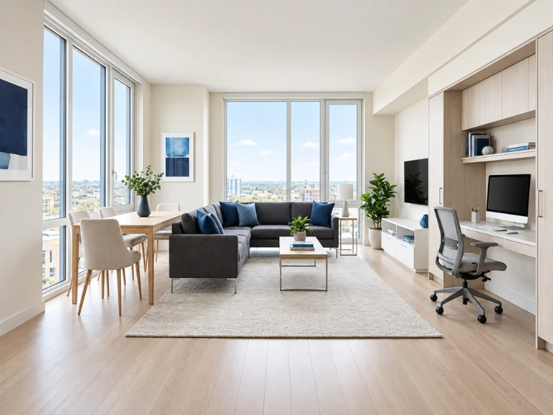 Phong cách thiết kế nội thất hiện đại với không gian mở, sofa xám, bàn ăn và góc làm việc.