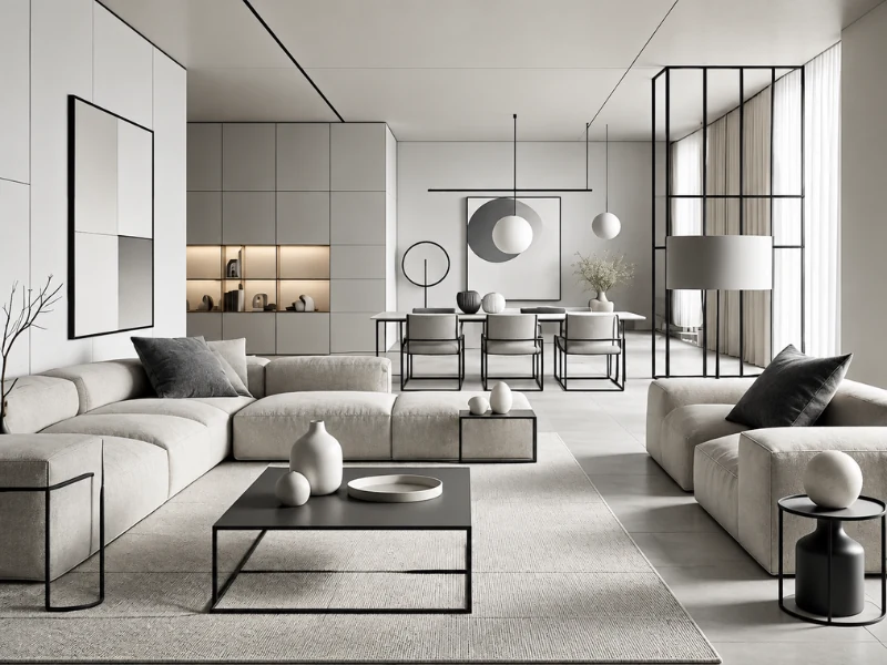 Thiết kế nội thất hiện đại tinh giản với sofa be, bàn trà đen và không gian mở