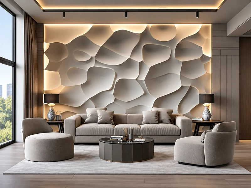 Phòng khách hiện đại với bức tường nghệ thuật 3D sau sofa, đèn led hắt sáng và nội thất sang trọng.