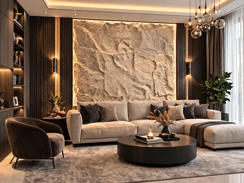 Phòng khách hiện đại với tường đá tự nhiên sau sofa, đèn LED hắt sáng và nội thất sang trọng