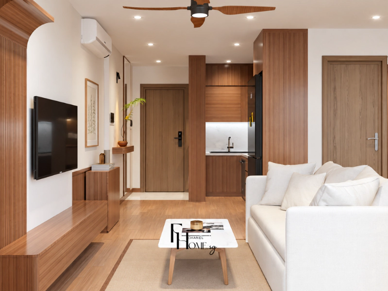 Phòng khách Japandi Vinhomes Grand Park với sofa trắng và vách gỗ