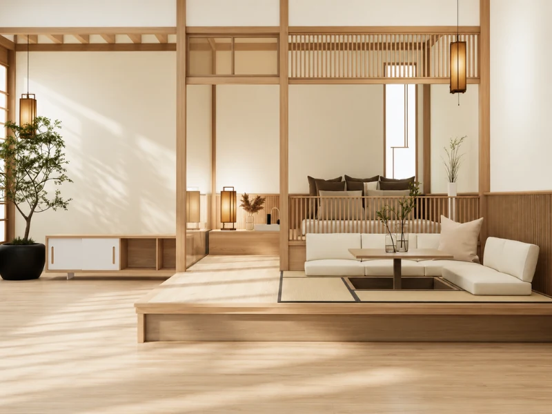 Phòng khách Japandi với sàn gỗ sáng, sofa trắng bệt và chiếu tatami