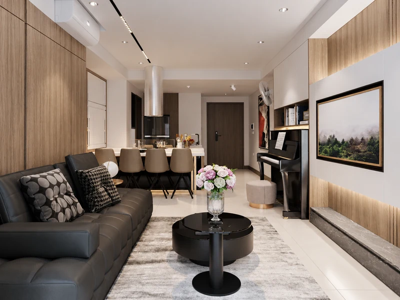 Phòng khách liền bếp chung cư hiện đại với sofa đen và bàn ăn