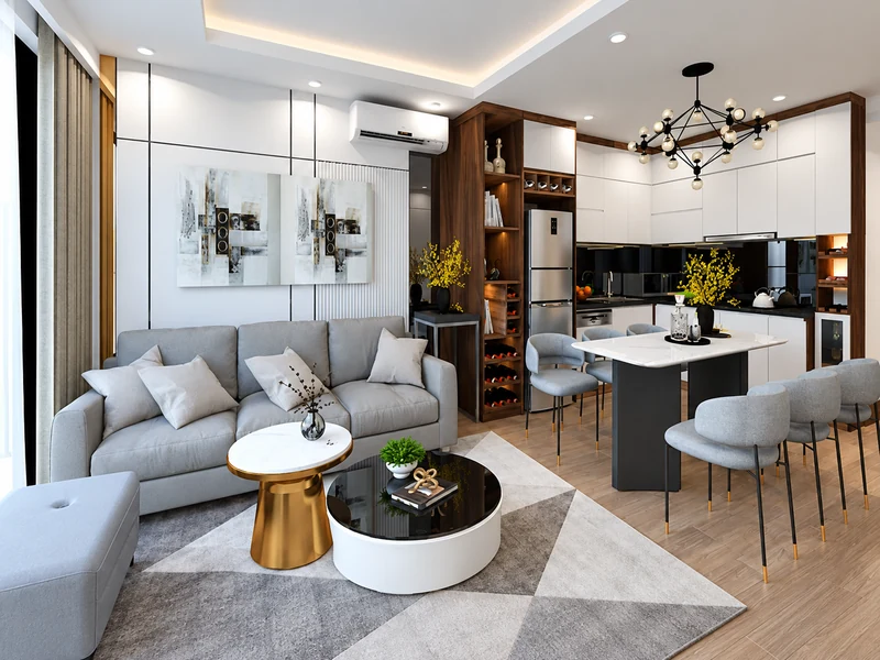 Phòng khách liền bếp chung cư hiện đại với sofa xám và bếp mở