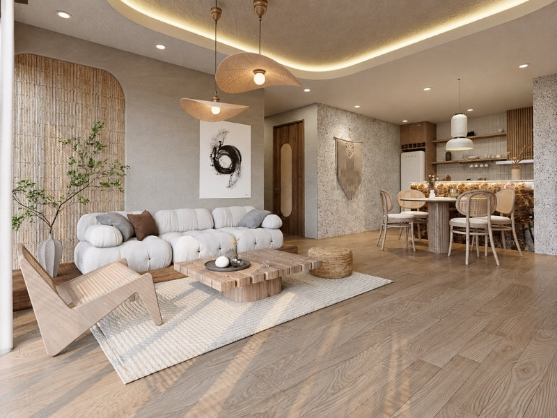 Phòng khách liền bếp Wabi Sabi với sofa thấp, bàn gỗ và đèn mây