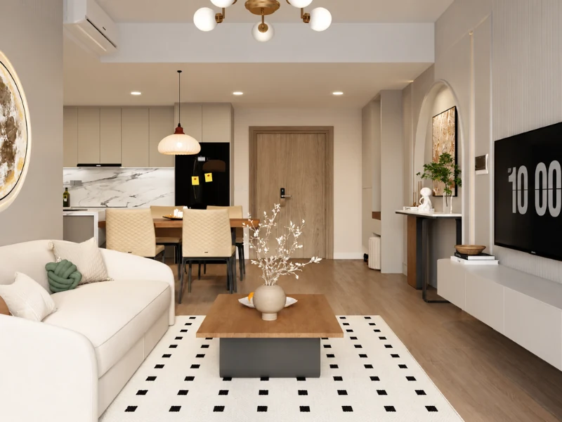 Phòng khách Lumiere Boulevard 74m2 hiện đại, bố cục không gian sắc nét giúp giải phóng diện tích.