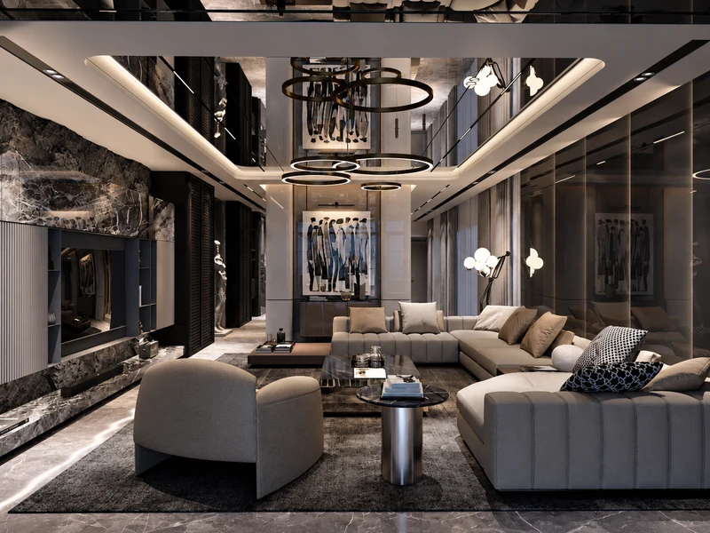 Phòng khách Luxury hiện đại với gương trần, đèn vòng và nội thất sang trọng.