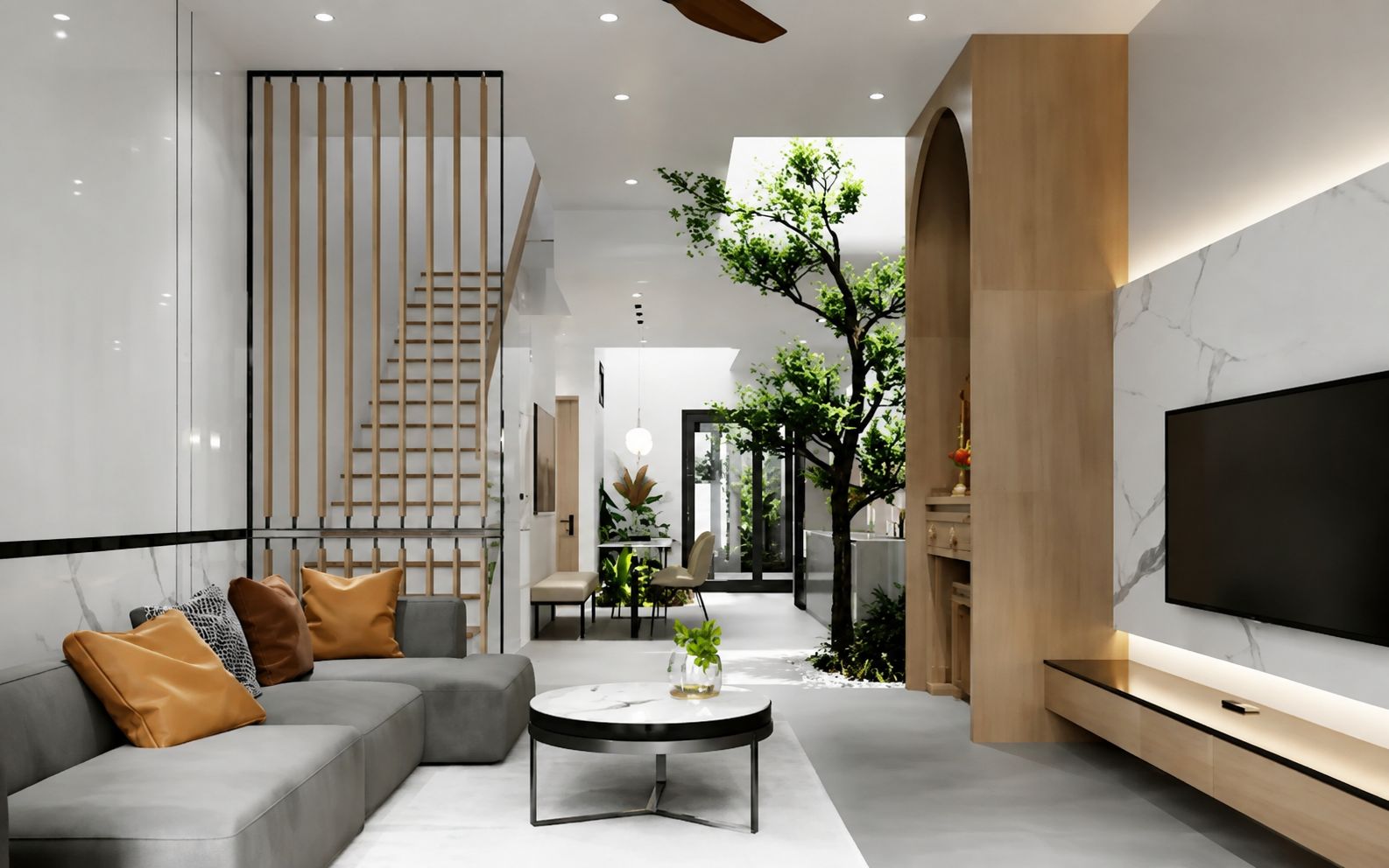 Phối cảnh phòng khách nhà phố hiện đại
