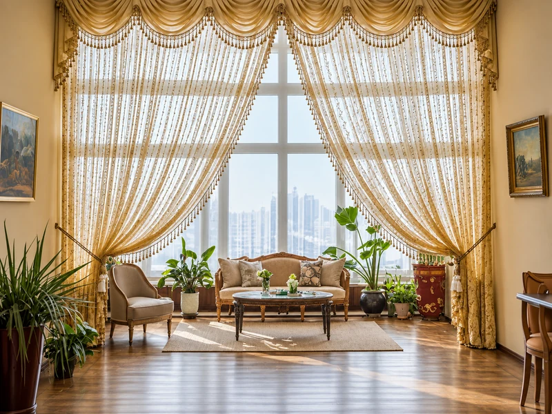 Phòng khách phong cách cổ điển với rèm cửa lớn giúp điều tiết ánh sáng và tăng tính riêng tư
