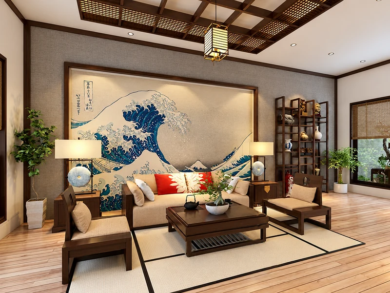 Phòng khách phong cách Nhật Bản với tranh sóng lớn, sofa bệt và bàn trà gỗ