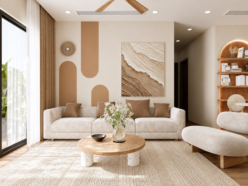 Phòng khách Scandinavian phối sofa be và bàn trà gỗ tròn