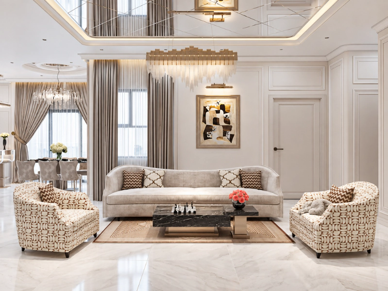 Phòng khách tân cổ điển phối sofa xám cùng ghế hoa văn