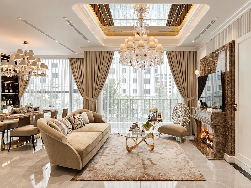 Phòng khách tân cổ điển với đèn chùm pha lê, sofa be và lò sưởi ốp đá.