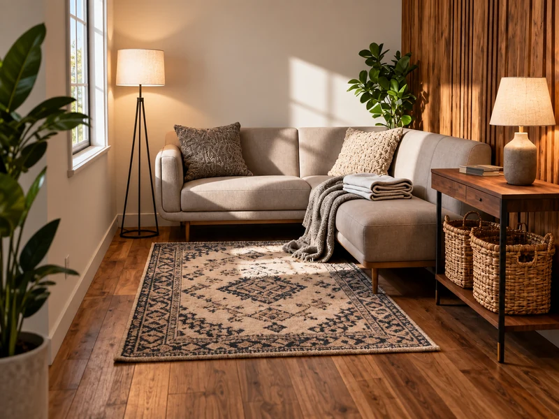 Phòng khách với sofa góc màu xám be, sàn gỗ và vách lam trang trí