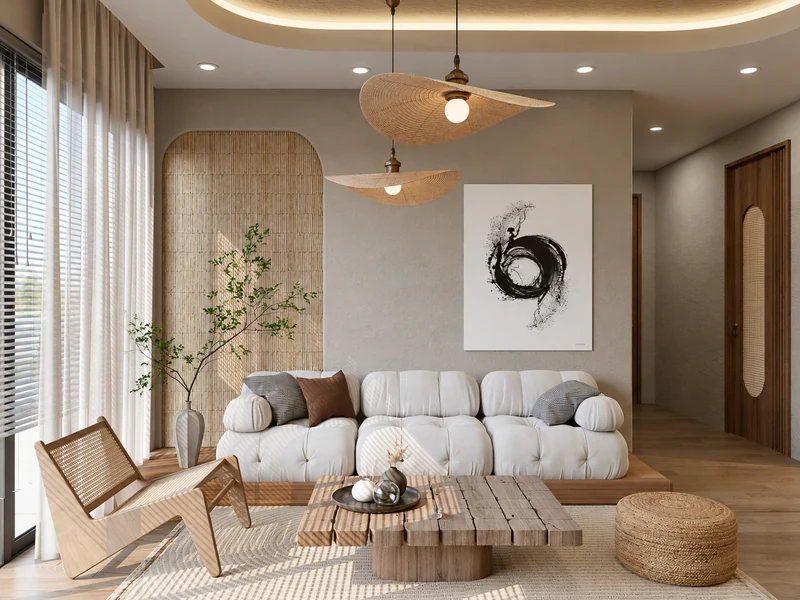 Phòng khách Wabi Sabi với sofa trắng, bàn gỗ thô, đèn mây tre và tranh mực.