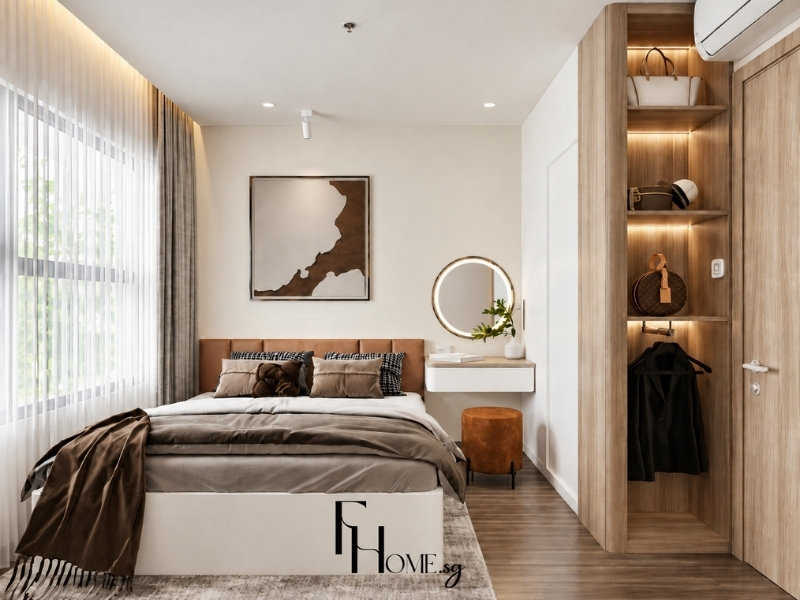 Phòng ngủ căn hộ 50m2 với giường đôi, bàn trang điểm và tủ gỗ