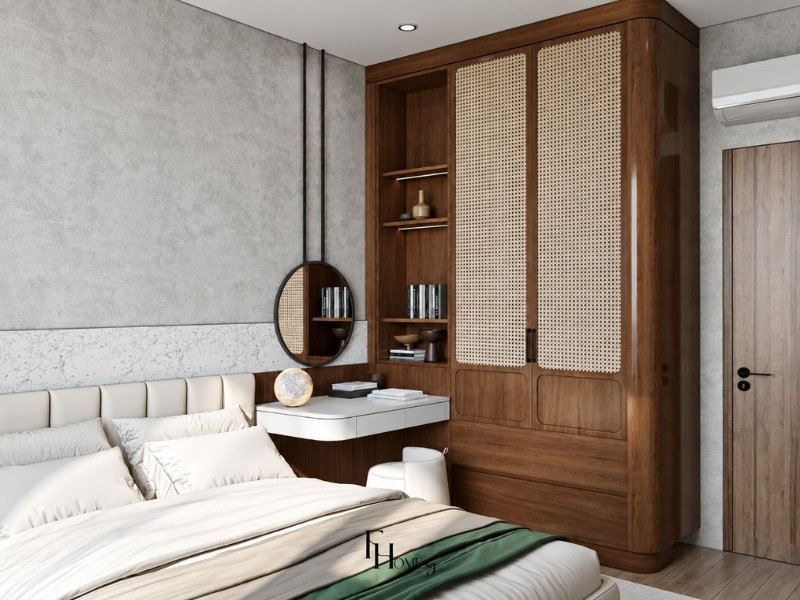 Phòng ngủ căn hộ 46m2 với tủ áo mây đan, gỗ trầm và bàn trang điểm
