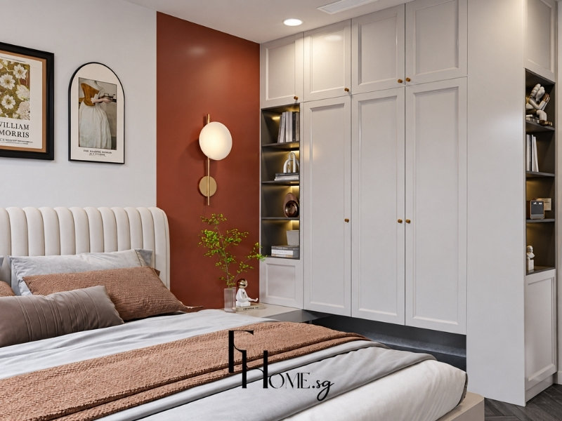 Phòng ngủ căn hộ 54m2 với tủ kịch trần, giường bọc nỉ và tường nhấn nâu đỏ