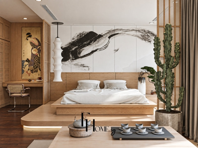 Phòng ngủ Japandi căn hộ 54m2 với giường bệt gỗ, bàn trà thấp và tranh mực