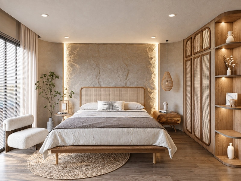 Phòng ngủ Wabi Sabi với giường gỗ, tủ mây đan và vách đá thô mộc