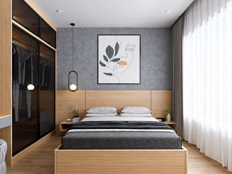 Phòng ngủ chung cư 70m2 với tủ kính và tường hiệu ứng xám