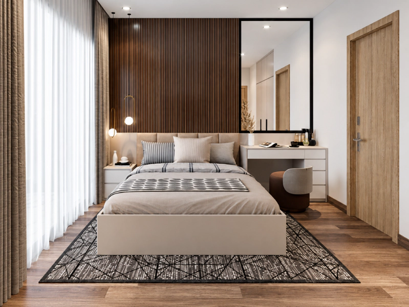 Phòng ngủ chung cư 90m2 có vách gỗ cùng gương lớn và bàn trang điểm
